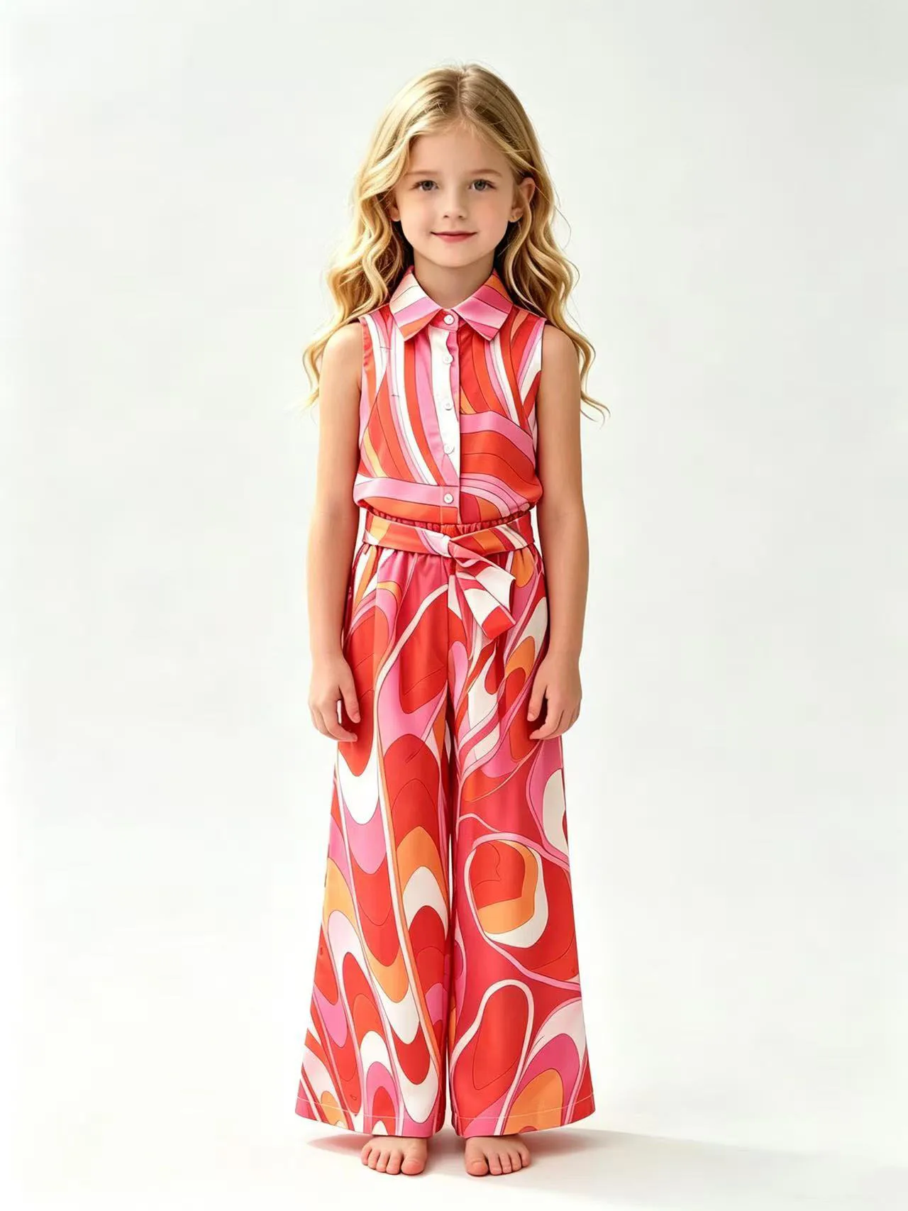 Girls Summer 2Pcs Outfit Sleeveless Lapel Shirt & Wide Leg Pants Colorful Abstract Print Kids Clothes Set
