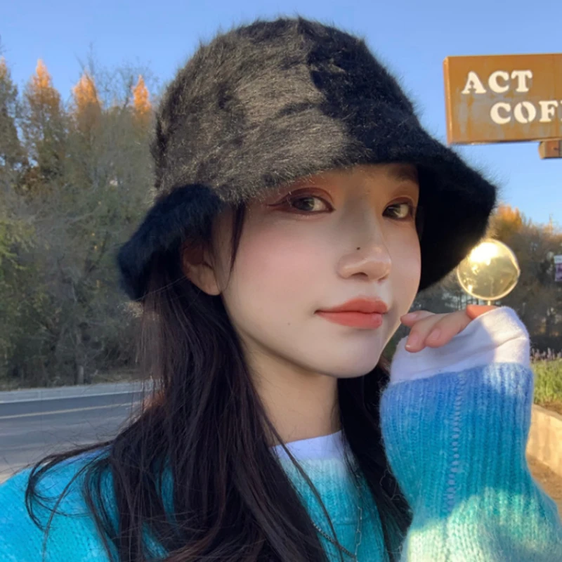 2023New Bob Hat Winter Women\'s Fashion Solid Color Rabbit Fur Hat Bucket Cap Fisherman\'s Hat Retro Knitted Wool Basin Bucket Hat