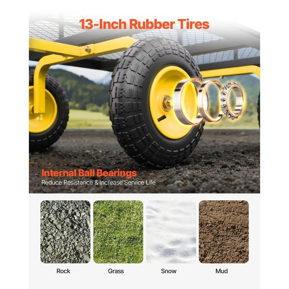 Carrello da giardino in acciaio resistente da 1400 libbre con pneumatici per tutti i terreni, lati in rete rimovibili e maniglia girevole a 180 gradi
