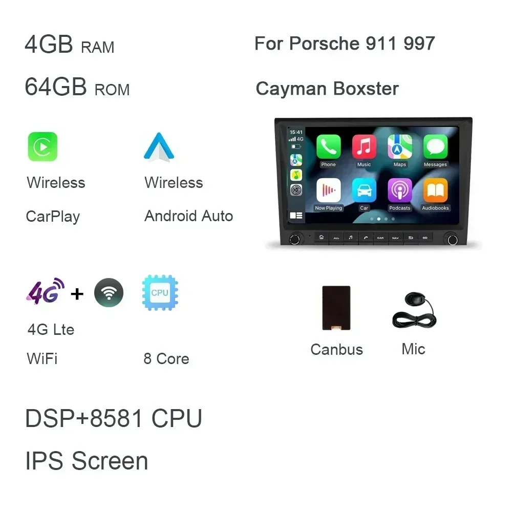 720P 8' 2 DIN Android 14.0 autoradio met 8-core processor, 256GB ROM, DSP, multimedia, GPS voor Porsche 987, 911, 997, Cayman, Boxster