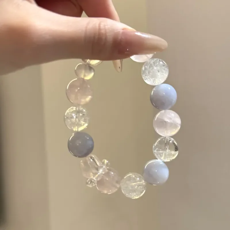 [Lanxue Lingchuan] Natural White Ghost White Crystal Bracelet Clear Design Powder Crystal Blue Striped Agate Bracelet