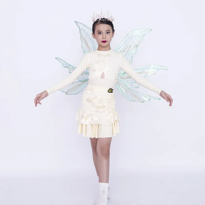 

New Latin Dance Dress for Girls Long Sleeve Printed Latin Practice Suit Performance Costume Set abiti da ballo tassel dress
