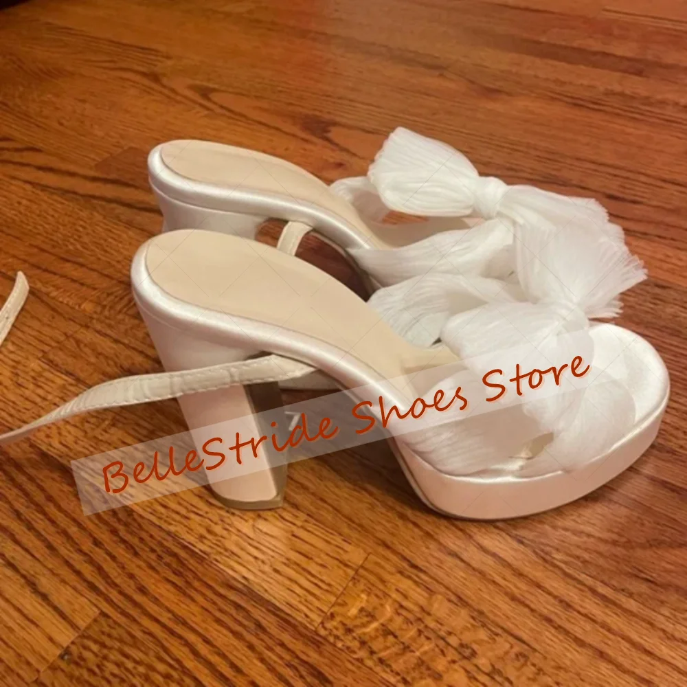 Damasco malha arco nó decoração sandálias fivela cinta sapatos femininos grossos saltos altos festa banquete namoro 2025 zapatos para mujere