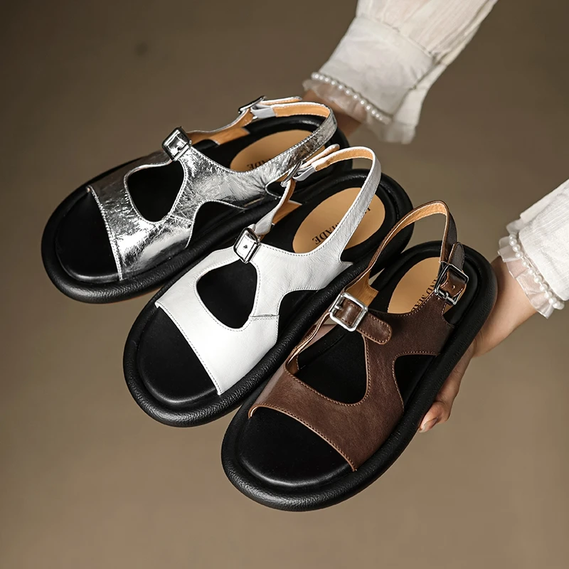 

Women's new summer leather cowhide retro thick soled elastic buckle middle heel open toed fish mouth shoes fashion sandals