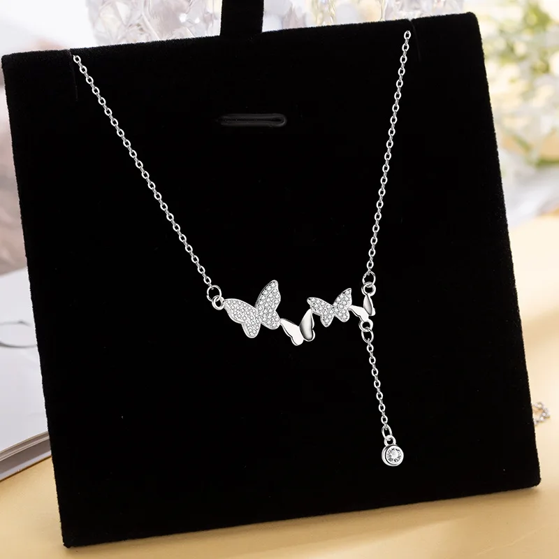 Christmas Gift 925 Sterling Silver sSparkling Diamond Butterfly Necklace Fashionable Tassel Collarbone Chain Birthday Gift Jewel