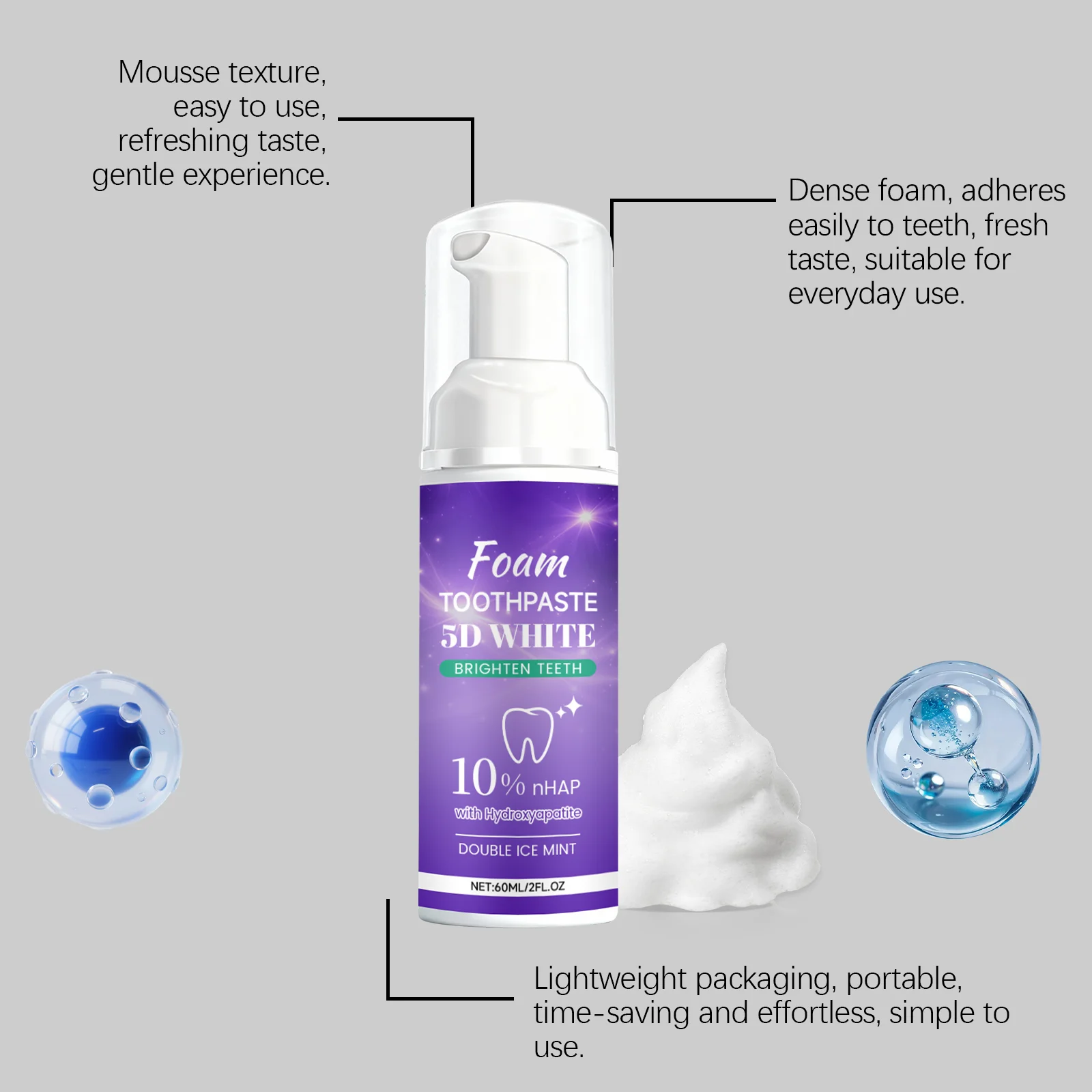60ml 5D Foam Toothpaste Teeth Whitening Removing Yellow Teeth Gentle Cleansing Fresh Breath Dental Brightening Foam Toothpaste
