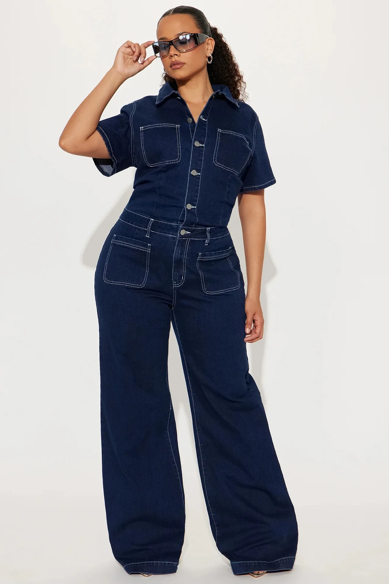 Women Jumpsuit Summer Fashion Slim Fit Short Sleeve Patch Pocket Stretch Denim Jumpsuits  Casual Workout Wide Leg Jeans Rompers