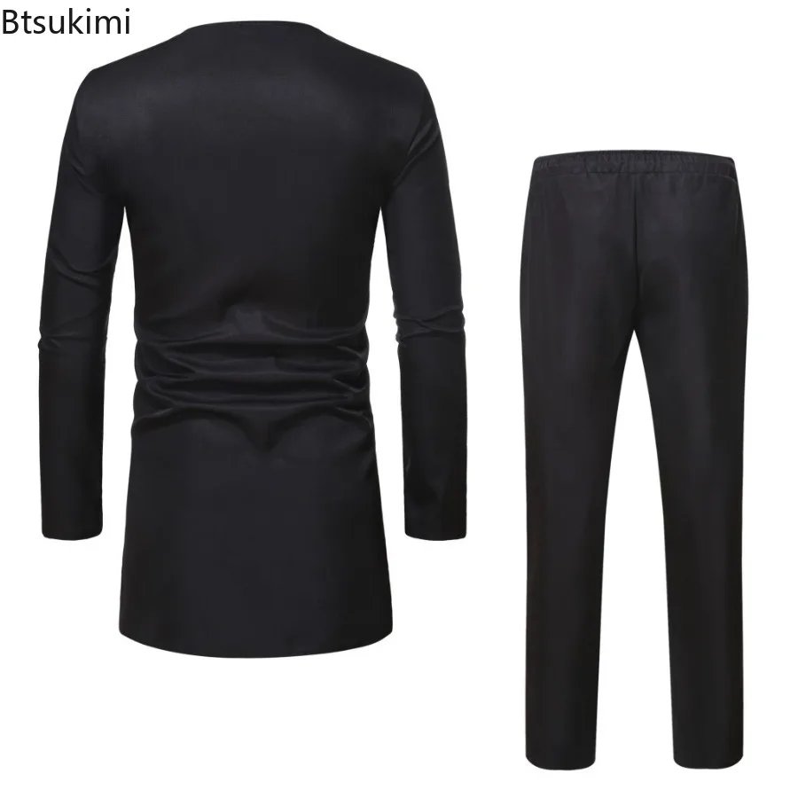Ethnic Style African Tradition Clothing Men's Mid-length Long Sleeve T-shirt Pants Two Piece Sets Striped Print Men Fashion Suit