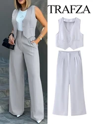 TRAFZA Women 2 Piece Set Single Breasted Solid Pockets Sleeveless Top+Elegant Casual Loose Zipper High Waist Long Wide Leg Pant