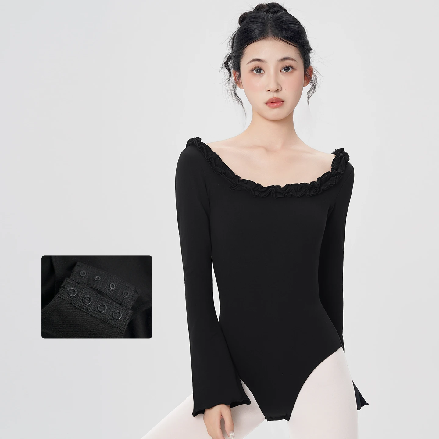 

Women Open Crotch Ballet Leotard Long Sleeve Dance Bodysuit Teen Girl Open Back Ruffled Square Flared Sleeve Gymnastics Jumpsuit