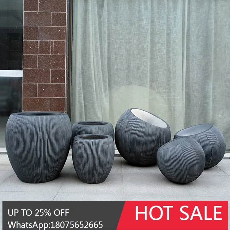 HLZ Simple Nordic Glass Fiber Gray Striped Hemisphere Flower Pot Set Hotel Mall Club Green Plant Decoration