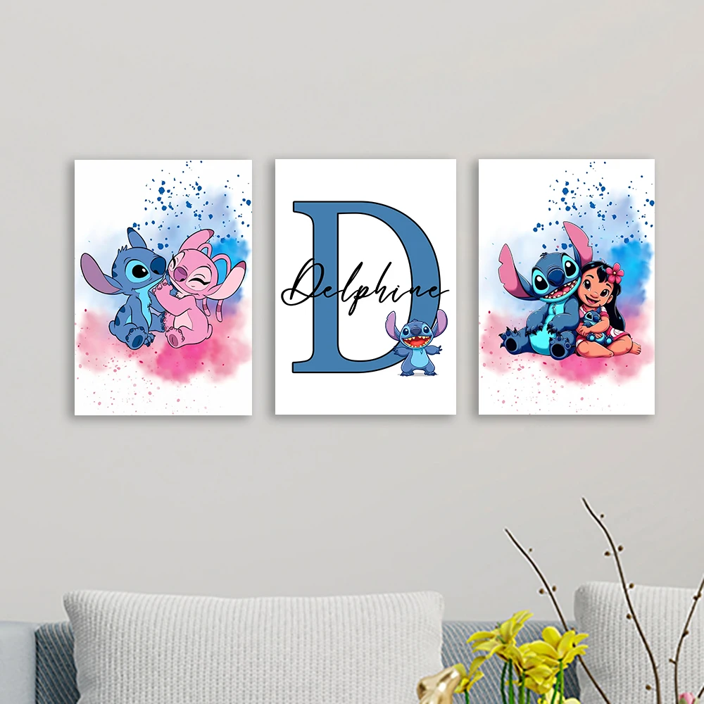 شخصية غرزة اسم ملصق جدار الفن لغرفة الاطفال 3 قطع مخصص غرزة الحضانة جدار الفن طباعة قماش اللوحة هدايا الاطفال