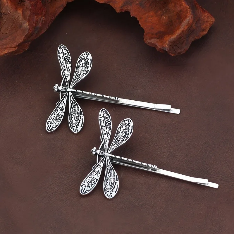 2Pcs Retro Ancient Style Silvery Dragonfly Hair Clips Side Clips Bobby Pin Hair Accessories