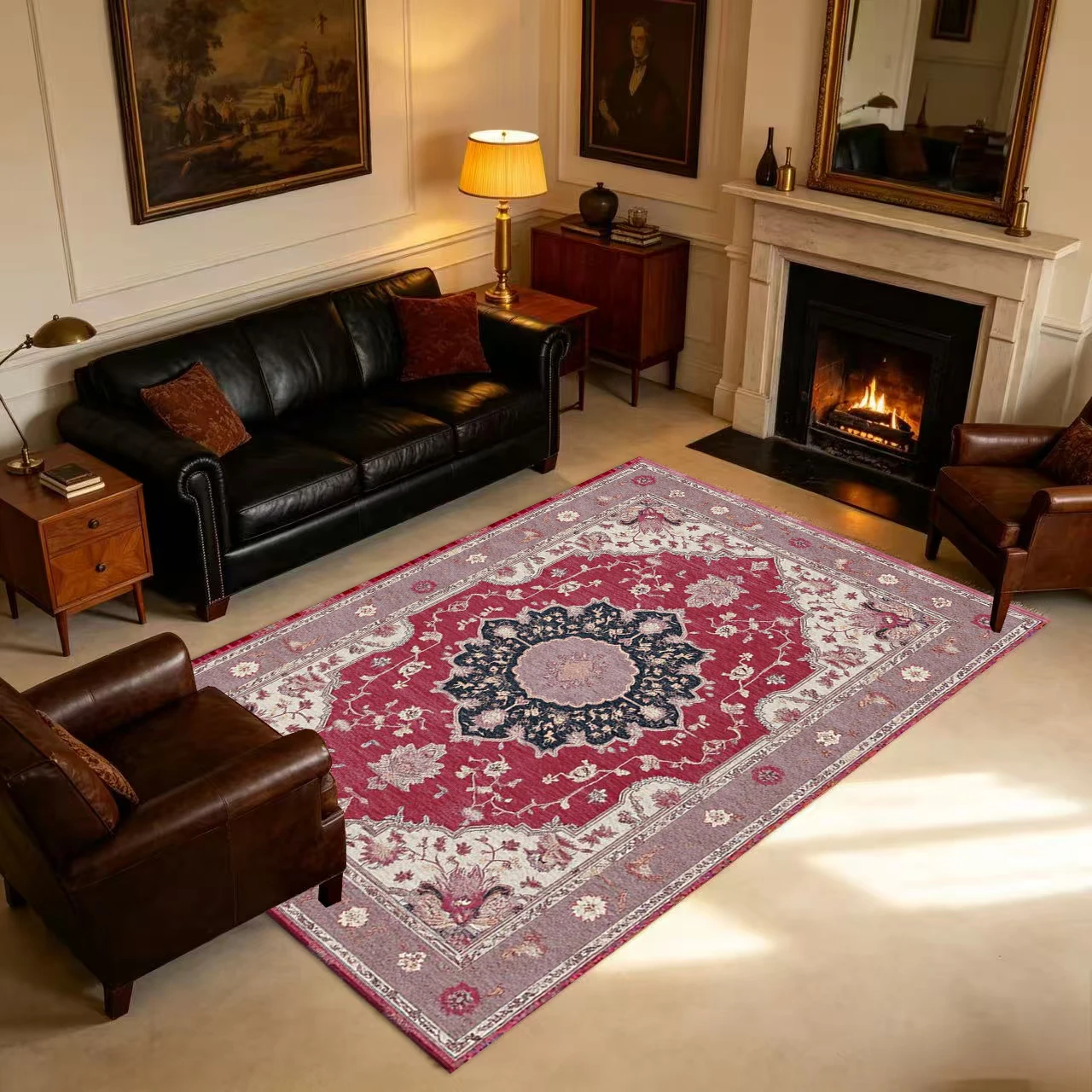 Classic Oriental Red Flower Pattern Retro Ethnic Pattern Carpet Floor Non-Slip Mat