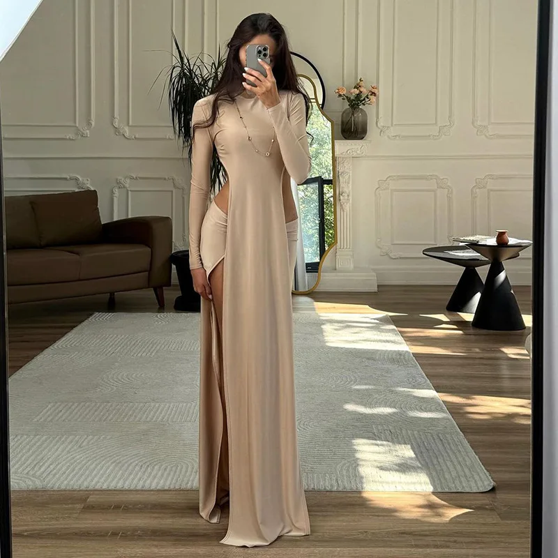 

European and American style 2025autumn new round neck personalized irregular long sleeved T-shirt solid color slim fit skirt set