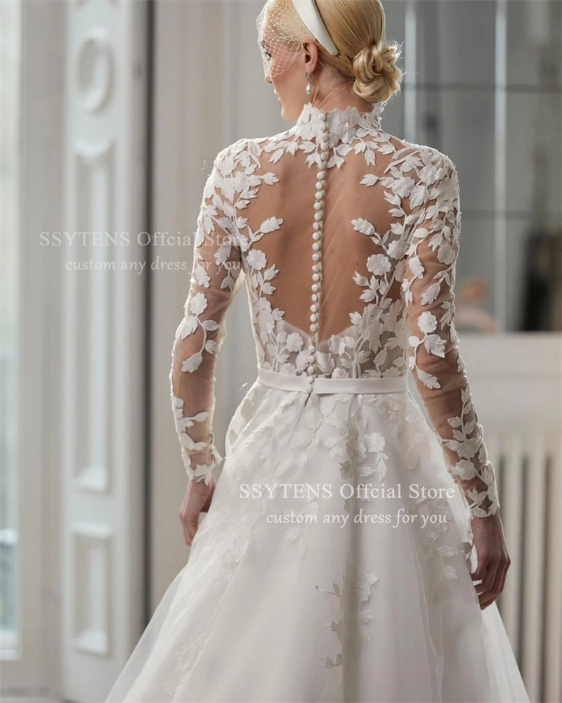 SSYTENS-vestidos De novia blancos Vintage para mujer, vestido De novia De cuello alto, mangas largas, corte en A, apliques, personalizado, 2026