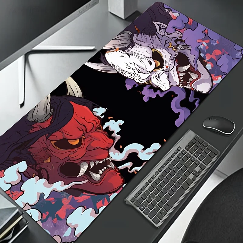 Japanese Hannya Oni Mask Desk Mat Large Non-slip Gaming Mouse Pad XXL Red White Demon Pattern Deskmat for Office Keyboard