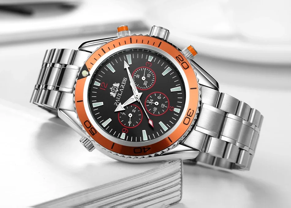 Mannen Automatische Zelfwind Mechanische Roestvrijstalen Band Oranje Blauw Zwart Wijzerplaat Bezel Klassiek Horloge