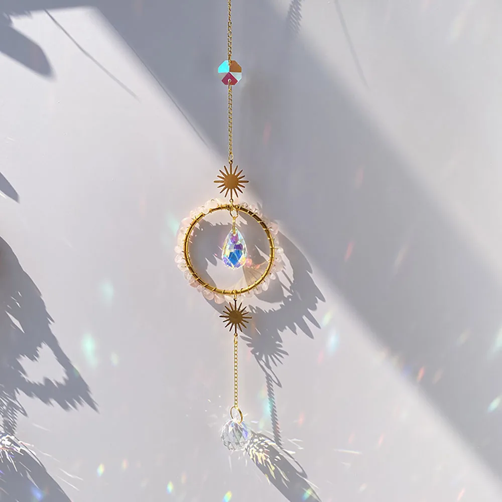 Custom Rose Quartz Chip Stone Ring Sun Catcher - Celestial Sun Prism Hanging Ornament for Home Window Decor