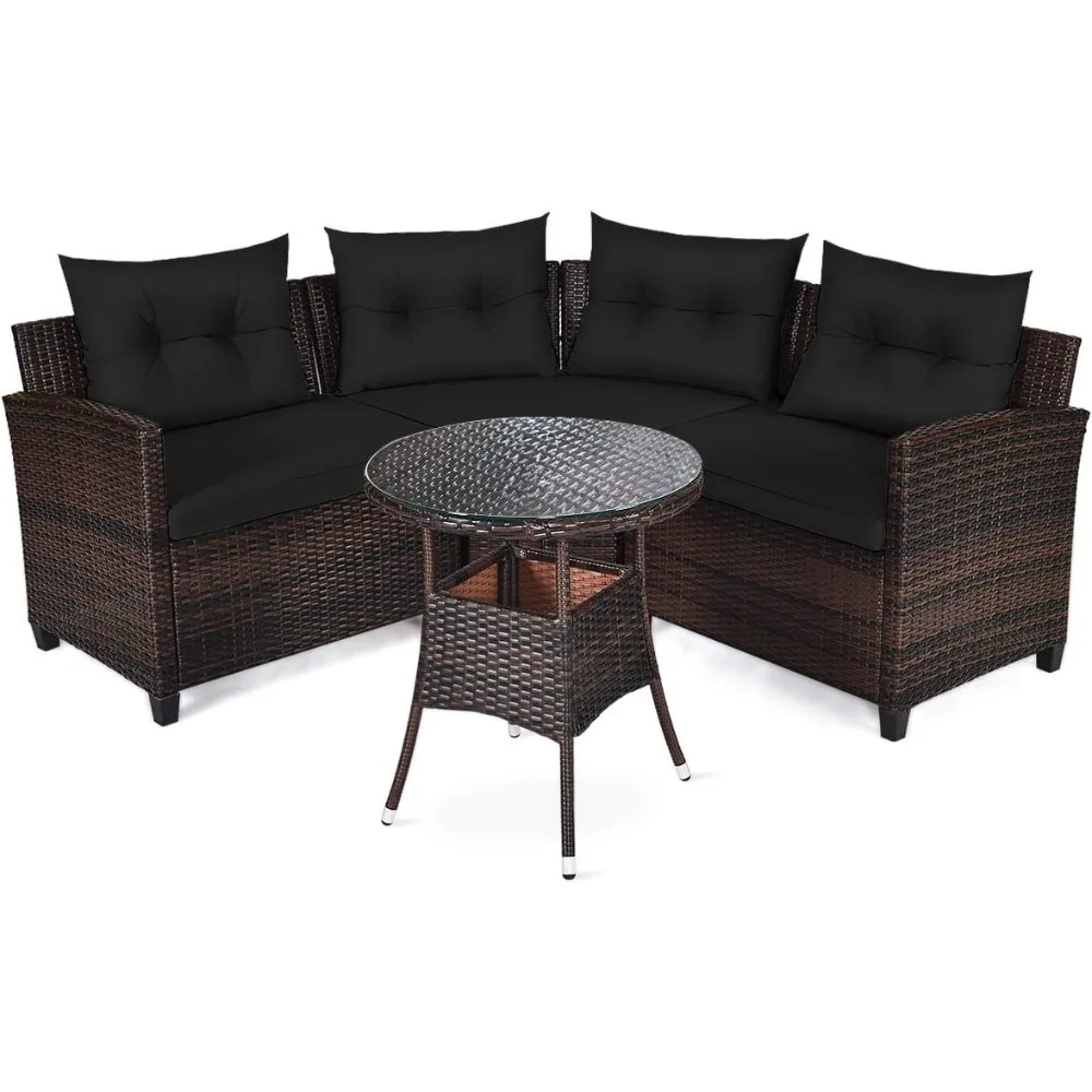 

4 Pieces Outdoor Patio Furniture Set Wicker Sectional Sofa L-Shape with Round Tempered Glass Top Table & Cushions