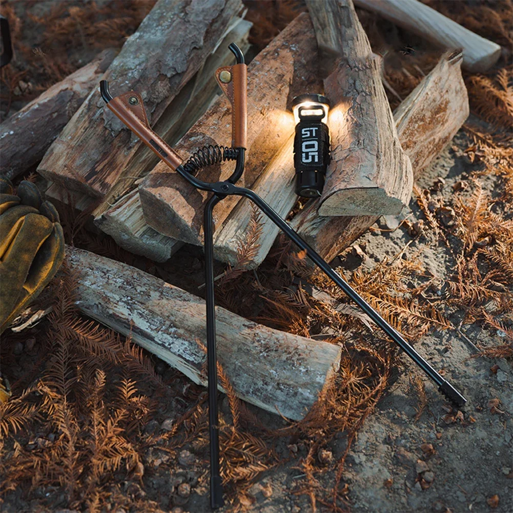 New 2026 Camping Fire Poker with Leather Cover BBQ Charcoal Clips Carbon Steel Bonfire Firewood Clip Anti-Scald Outdoor Camping