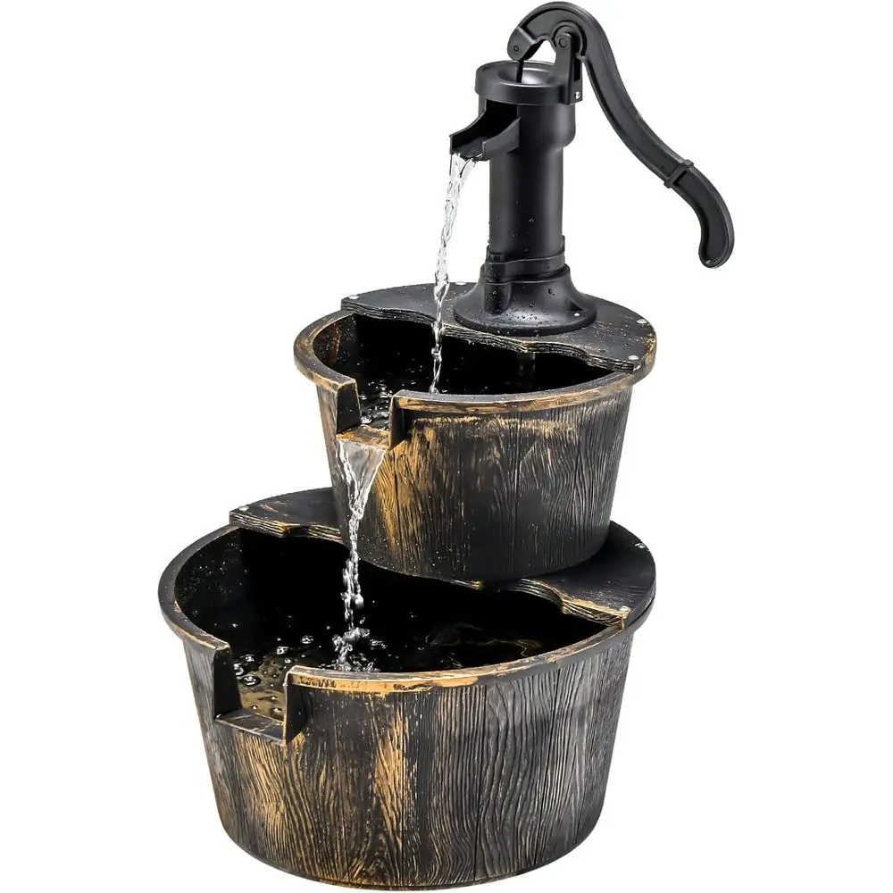 

Rustic Wooden 2-Tier Outdoor Waterfall with Electric Pump for Patio and Garden Decor