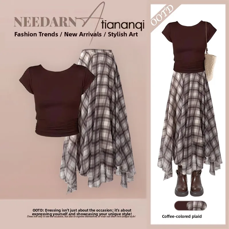 

Summer Vintage Slim Fit Women's Set T-Shirt Top with Irregular Plaid Skirt Two Piece Set Sisterly Style Casual Chic