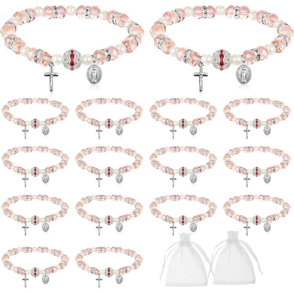 5/10/20/40/60 Conjuntos de Pulseras de Rosario Elásticas Rosadas con Tarjeta y Bolsa de Malla - Medalla de Crucifijo para Mujeres, Regalo para Mamá, Recuerdos de Boda para Invitados