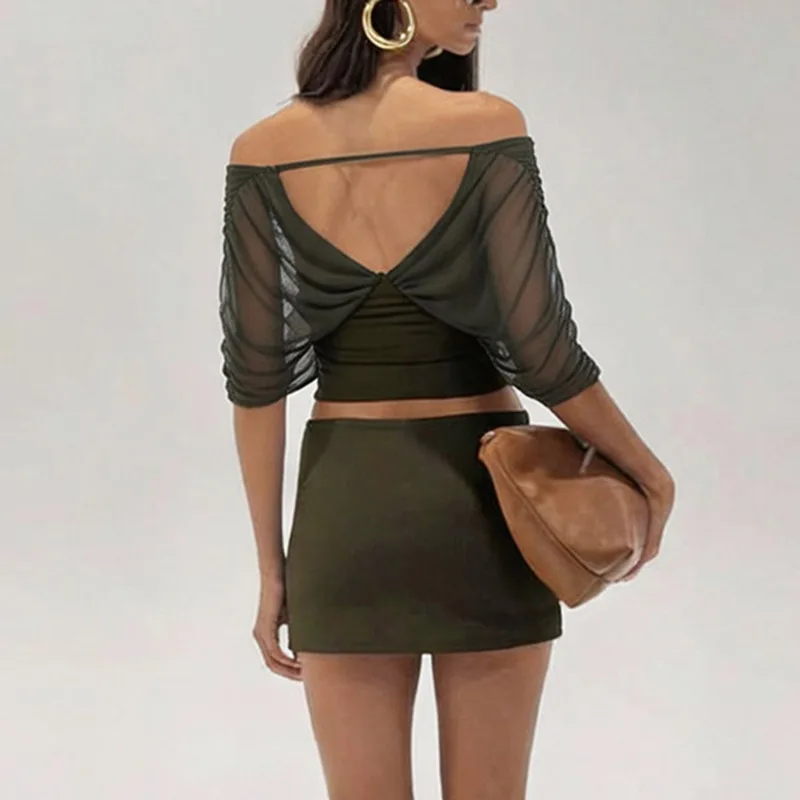 BWQ Summer Short Skirt 2-piece Set Sexy One Shoulder Mesh Top Slim Skirt Set New Casual Vacation Elegant Women's Dress Set