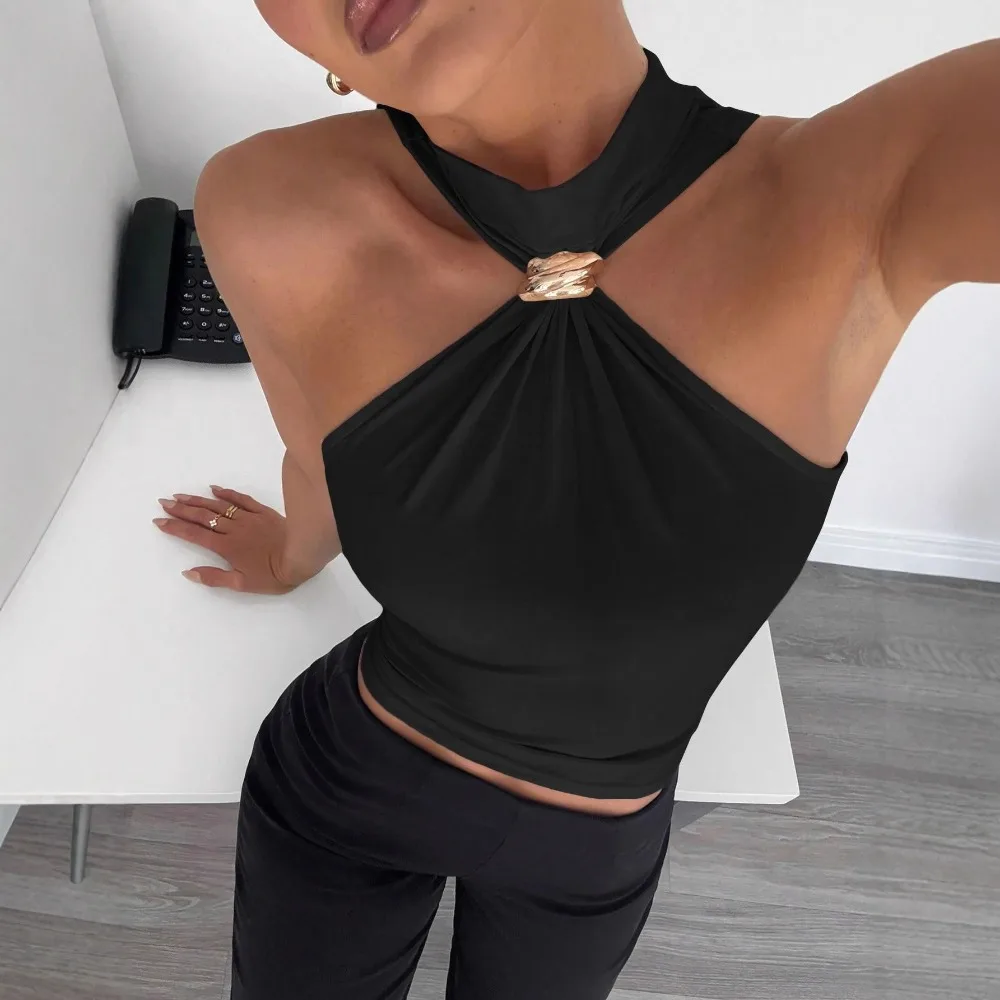 Elegant Ruched Halter Neck Top Stretchy Solid Color Fitted Blouse Cropped Metal Ring Sleeveless Halter Neck Crop Night Out