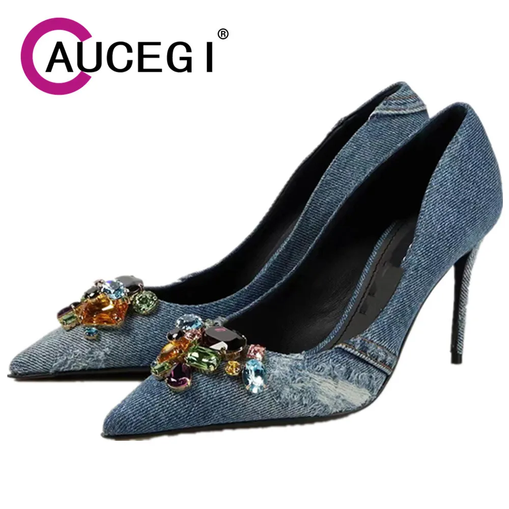 

Aucegi New Autumn Blue Denim Multicolour Crystal Pumps Pointed Toe Thin High Heel Shallow Mouth Fashion Wedding Party Women Shoe