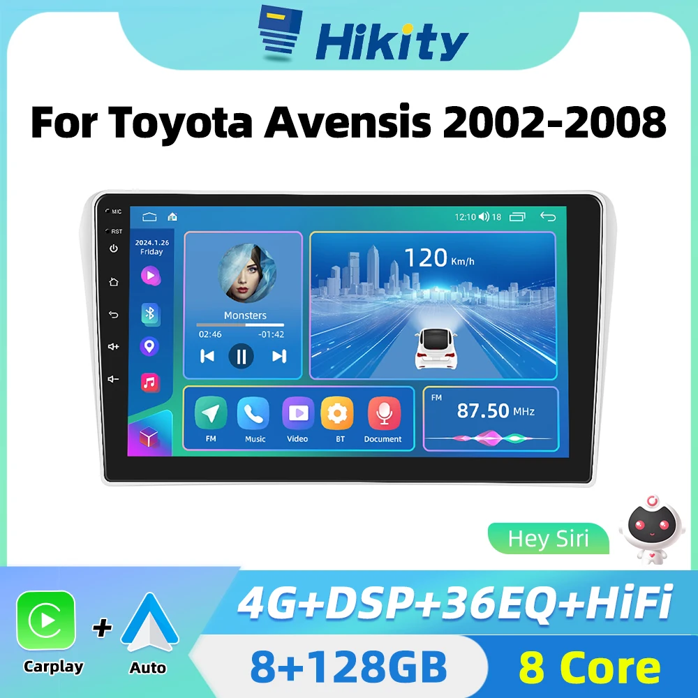 Hikity 8Core AI Voice 2 din Android Car Radio for Toyota Avensis 2002-2008 CarPlay Android Auto Stereo 4G GPS 2din No DVD