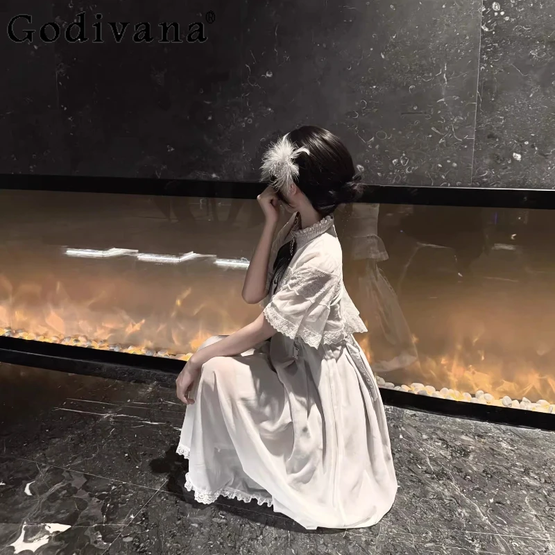 Abito giapponese a mantella in pizzo Rojita per ragazze Abito lungo stile gotico a mezza manica a vita alta Abito Lolita primavera estate da donna