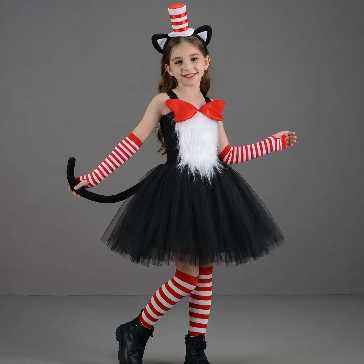Kids Striped Cat Tutu Dress Children Animal Fancy Outfit Halloween Carnival Party Photo Prop Cute Character Performance Clothing