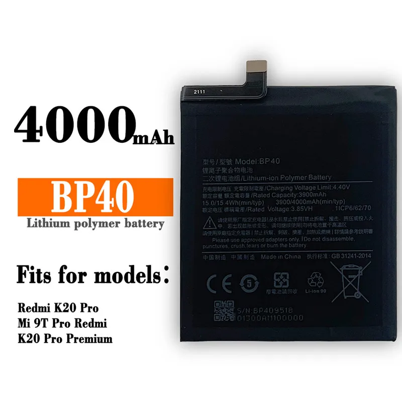 

Original Quality BP40 Replacement Battery For Xiaomi Redmi K20 Pro Mi 9T Pro Redmi K20Pro Mi9T Pro Battery BP40 4000mAh