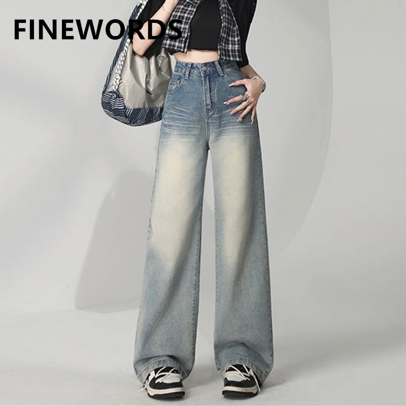 

FINEWORDS Vintage High Waist Washed Jeans Women Korean Easymatch Streetwear Baggy Jeans Full Length Wide Leg Jeans