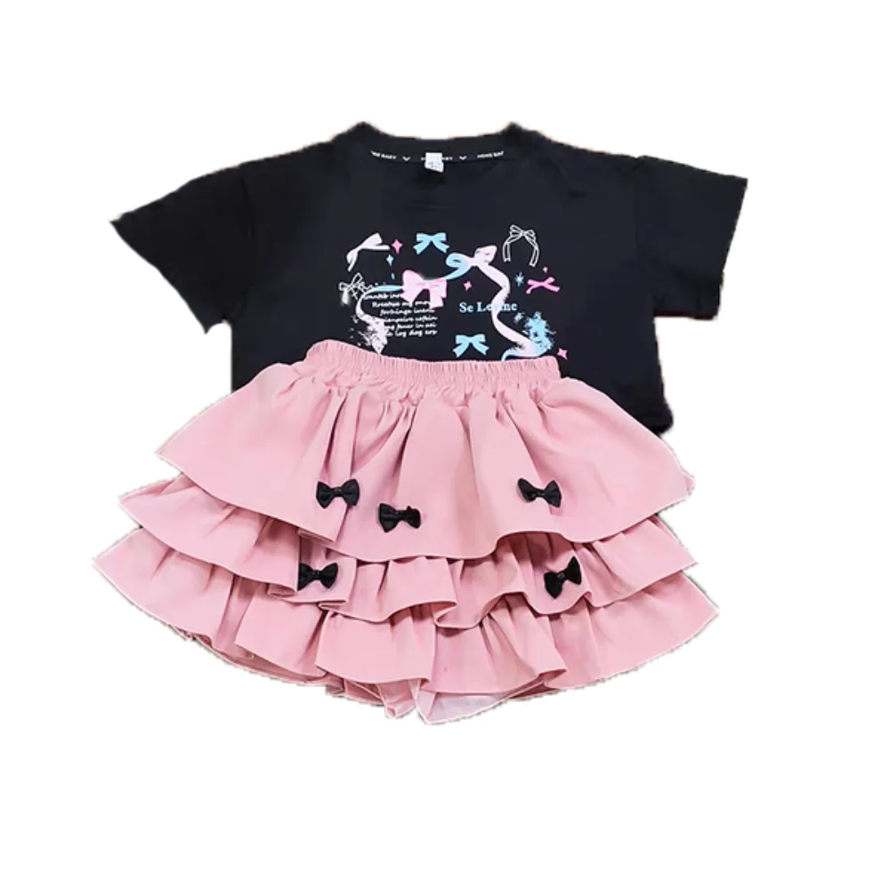 

Fashion Y2K Bow Children Cake Skirt Set Pleated Slim Fit T-shirt Skirt Suit Sweet Teenagers Girls Clothes Set Summer