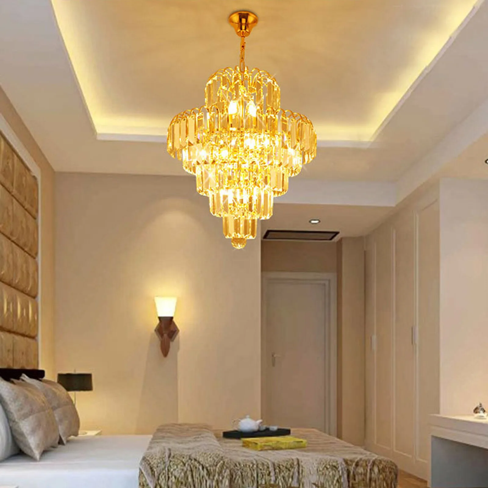 

Elegant K9 Crystal Chandelier Gold 4 Lights Modern Ceiling Pendant Lighting Fixture for Bedroom Dining Room