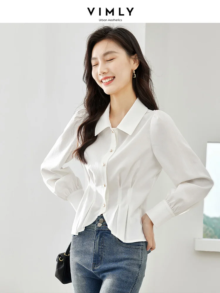 Vimly Women\'s White Fitted Shirt 2023 Autumn Office Ladies Puff Sleeve Button Down Pleated Slim Waisted Shirts & Blouses M3050