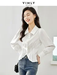 Vimly Women's White Fitted Shirt 2023 Autumn Office Ladies Puff Sleeve Button Down Pleated Slim Waisted Shirts & Blouses M3050