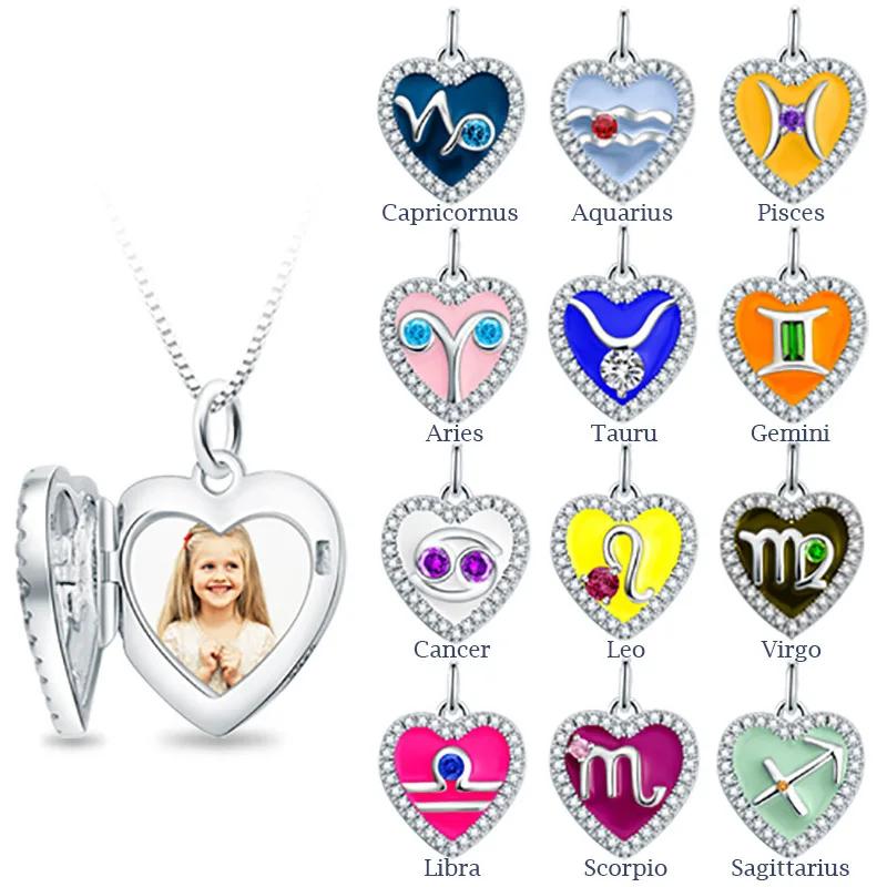 Strollgirl Sterling Silver 925 Engraved Constellation Necklaces & Pendants Personalized Photo Heart Locket Necklaces for Gifts