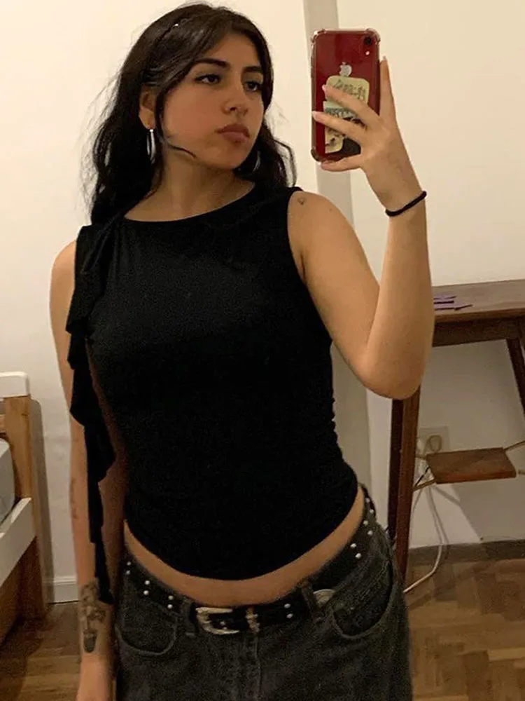 Summer Women's Solid Color Sleeveless Vest Tassel Detail round Neck Pullover Slim Fit Casual Y2K Street Wear T-Shirt