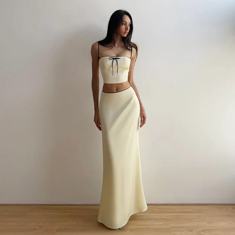 Cryptographic Elegant Sexy Backless Y2K Two Piece Dress Sets Club Outfits Satin Cropped Top and Skirt Matching Sets Summer