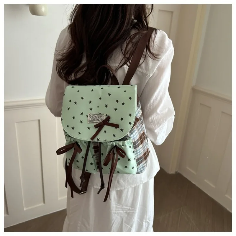 1pcs Fresh Light Green Oxford Cloth Vintage Backpack Plaid Splice Multi Storage Pocket Japanese Literary Girls Daily Backpack