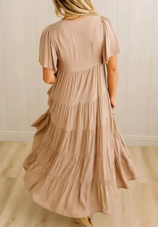 

Summer New Elegant Casual Solid Color Simple Classic V-Neck Button Decoration Loose Straight Tube Short Sleeved Dress