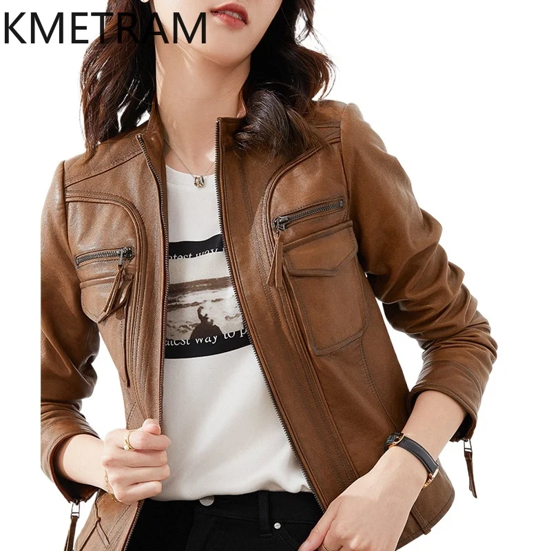 KMETRAM Real Leather Jacket 100% Sheepskin Coat Retro-Style New in Outerwears Fall Clothes 2024 Women куртка кожаная женская