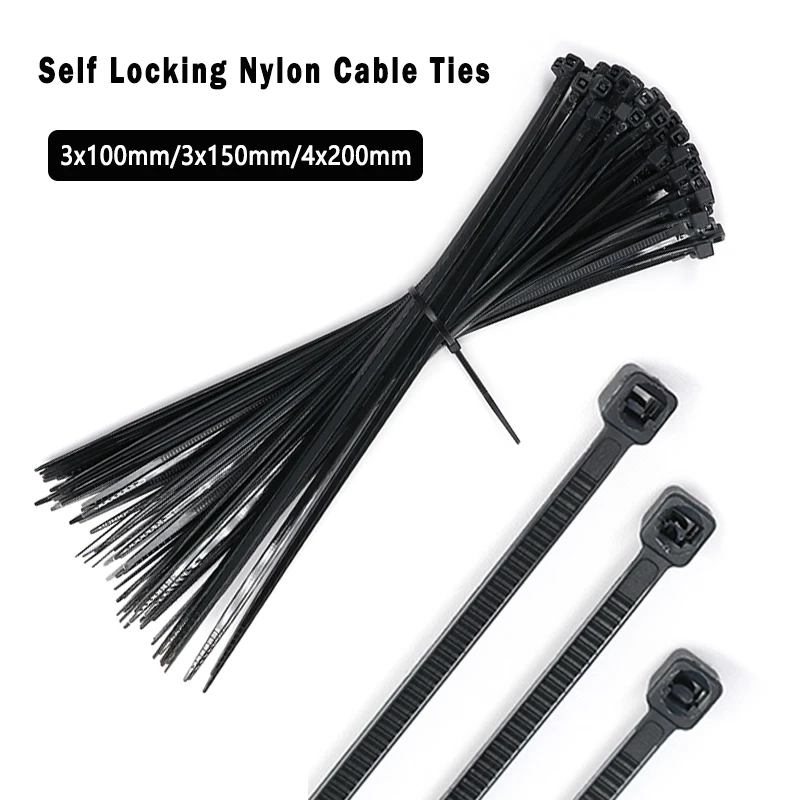 

Black Nylon Cable Ties Self Locking 100/150/200mm Plastic Zip Wire Binding Wrap Straps DIY Cable Fasten Organiser