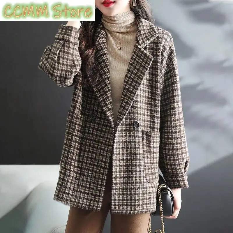 Plaid Woolen Suit Women Coat Autumn Winter New Fashion Korean Slim Wool Blazers Woman Jacket Casual Ladies Blazer Tops E40