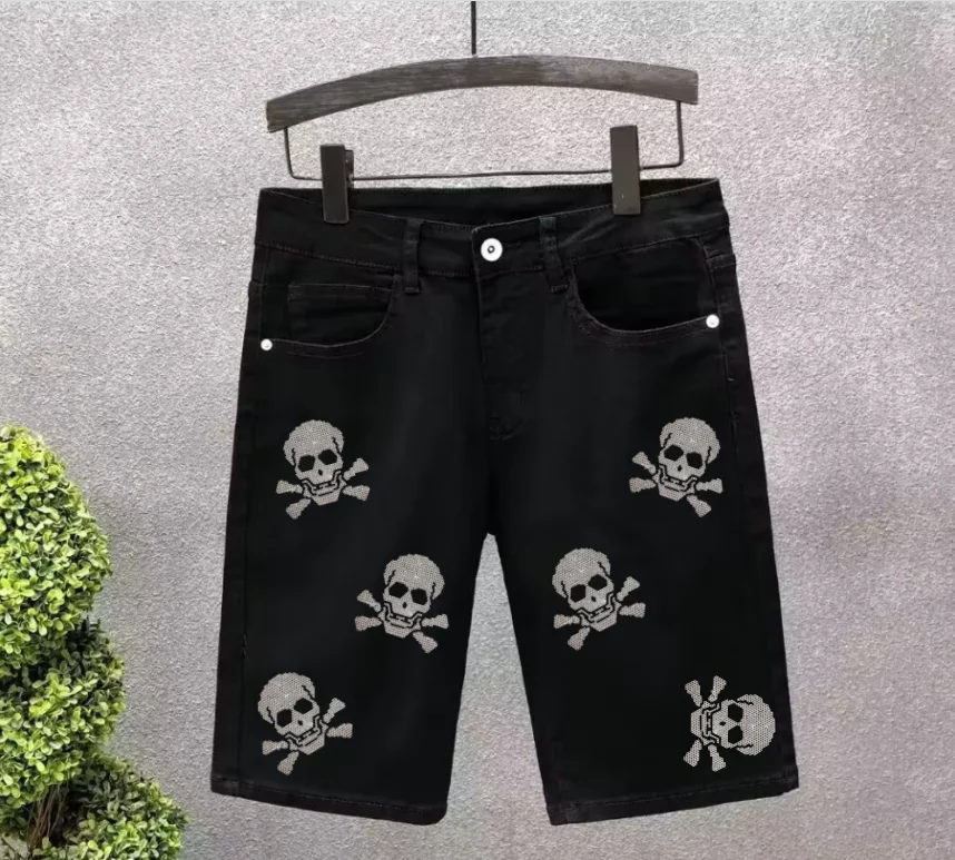 

Stylish Men Denim Shorts jean Embellished With Glittering Rhinestones skull design