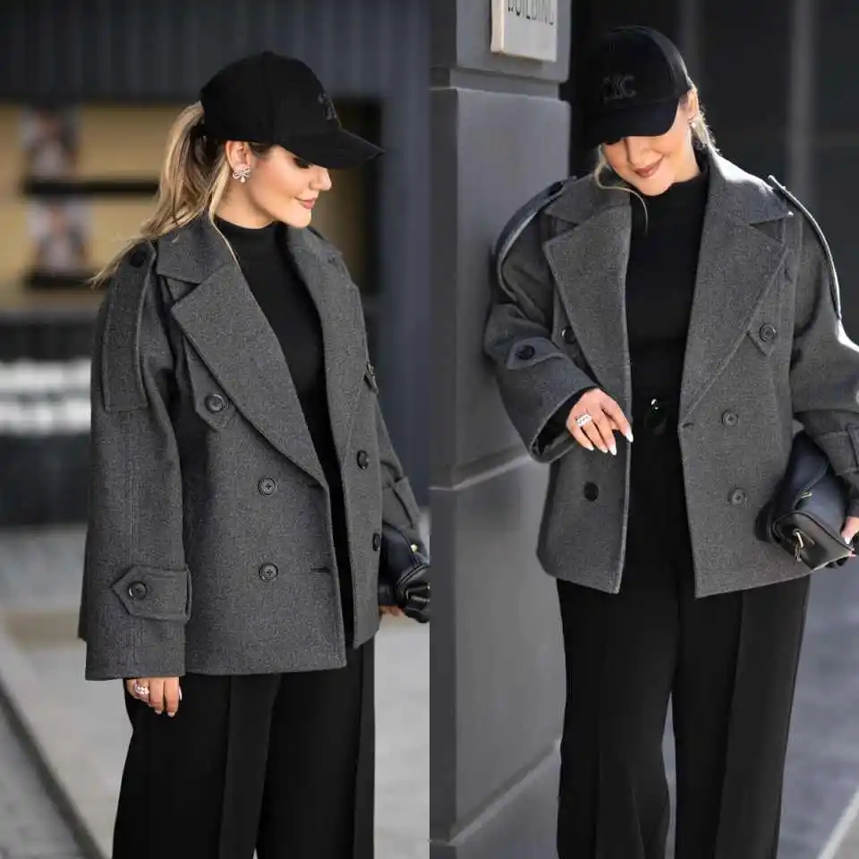 Trendy Womens Overcoat Wide Turn Collar Double Breasted Cropped Length Woolen Material Business Meeting Customized